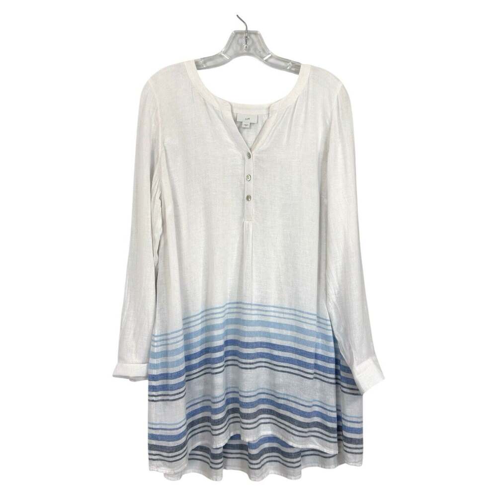 J Jill Linen Viscose Blue Stripe Popover Tunic Pintuck Back M Coastal Casual